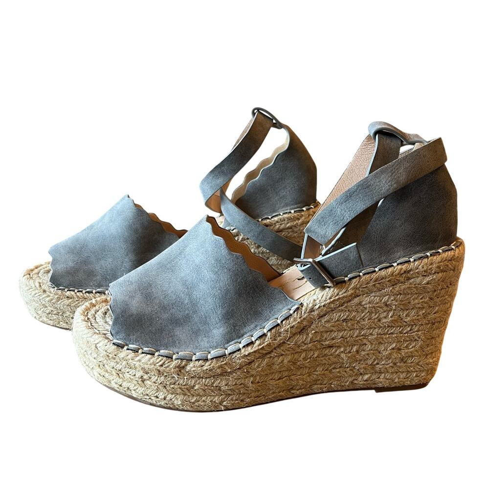 CCOCCI Sandals Espadrille Wedges Size 8 Jade Blue Faux Suede Jute Ankle Strap